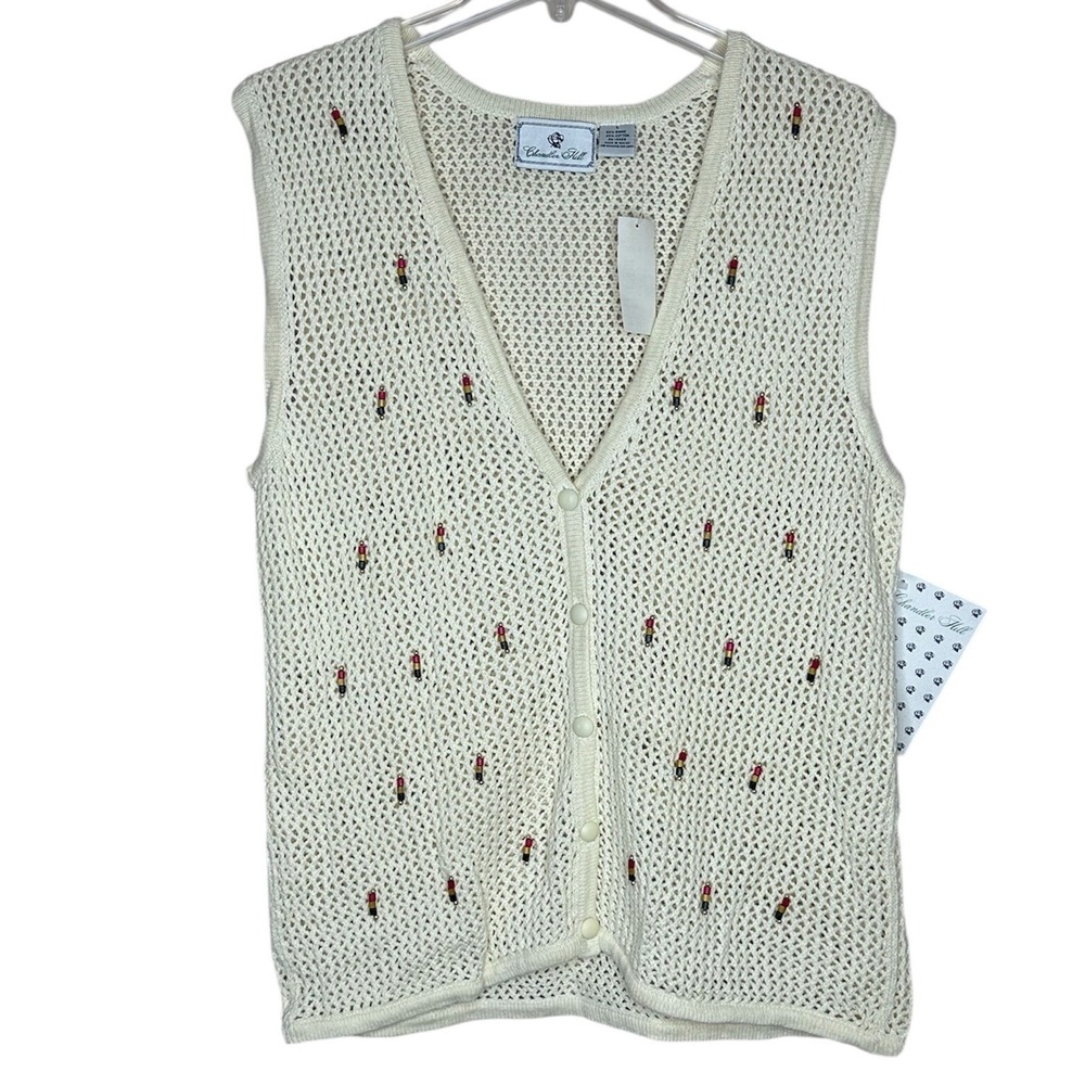 Chandler Hill VTG Cottage Beaded Crochet Sweater Vest Cream Ramie Cotton L NWT